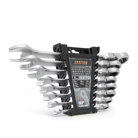 Racsnis csillag-villáskulcs készlet - 8,10,13,14,15,17,19, 21 mm - flexibilis fejjel Racsnis csillag-villáskulcs készlet - 8,10,13,14,15,17,19, 21 mm - flexibilis fejjel