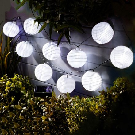 Szolár lampion fényfüzér - 10 db fehér lampion, hidegfehér LED - 3,7 m 11227 