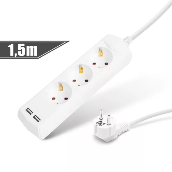 Elosztó 3-as - 3 x 1,5 mm² - 1,5 m - 2 x USB-vel Elosztó 3-as - 3 x 1,5 mm² - 1,5 m - 2 x USB-vel