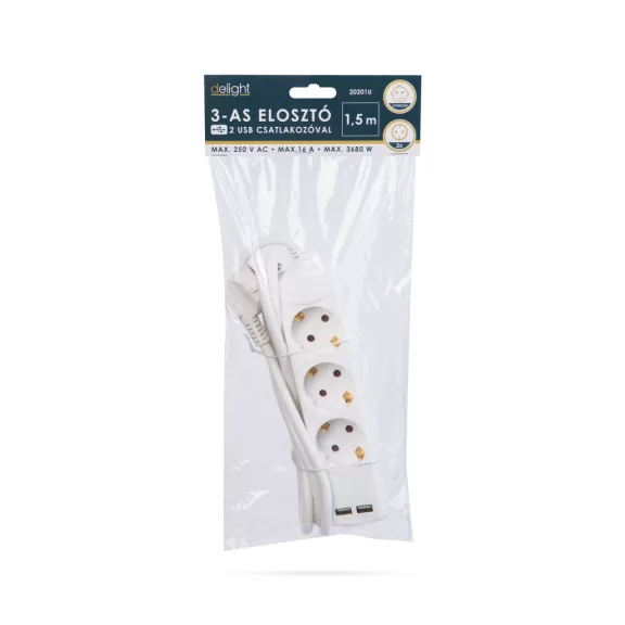 Elosztó 3-as - 3 x 1,5 mm² - 1,5 m - 2 x USB-vel Elosztó 3-as - 3 x 1,5 mm² - 1,5 m - 2 x USB-vel
