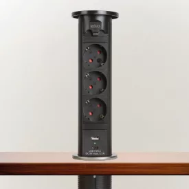 Motoros rejtett elosztó - fekete 3 x 250 V + USB-A, Type-C
