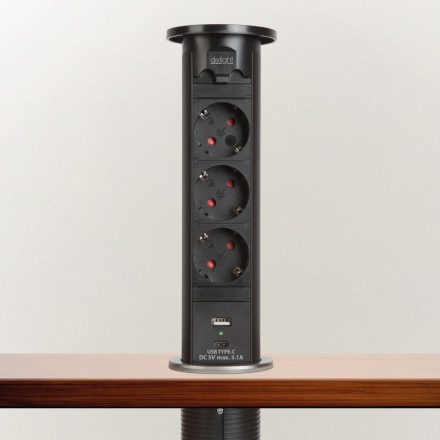 Motoros rejtett elosztó - fekete 3 x 250 V + USB-A, Type-C