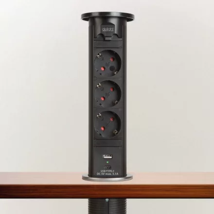 Motoros rejtett elosztó - fekete 3 x 250 V + USB-A, Type-C