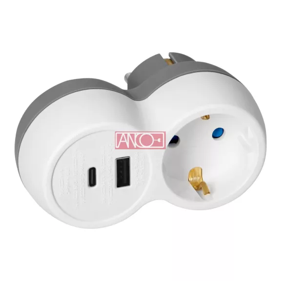 Földelt elosztó 2 USB A+C csatlakozóval Földelt elosztó 2 USB A+C csatlakozóval