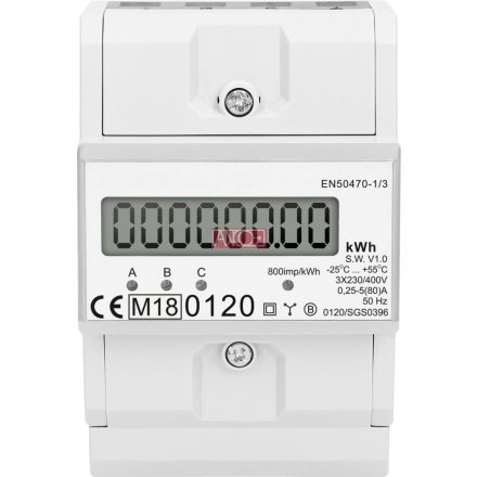 Digitális almérő DIN sínre, 3 fázisú, MID hitelesített, 3x45(100)A, 0-100A, 76 x 116,5 x 65 mm (4 módulos)