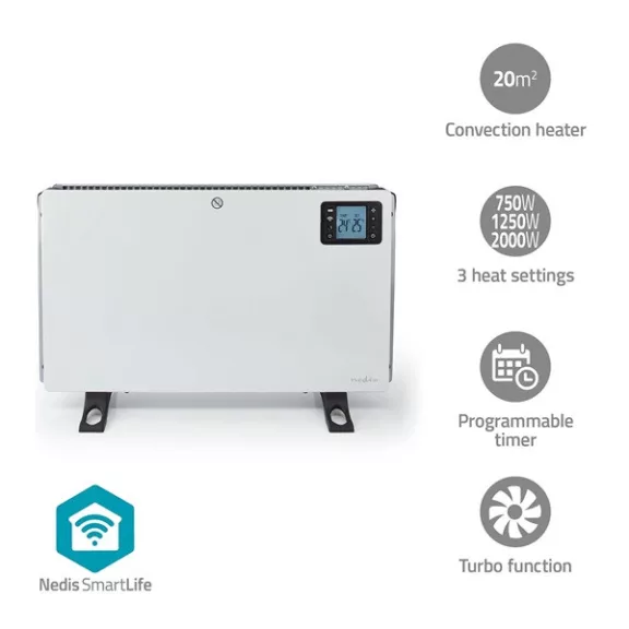 NEDIS HTCO50WTW smart konvektor, Wi-Fi, 2000W, távirányító programozható termosztát és időzítő