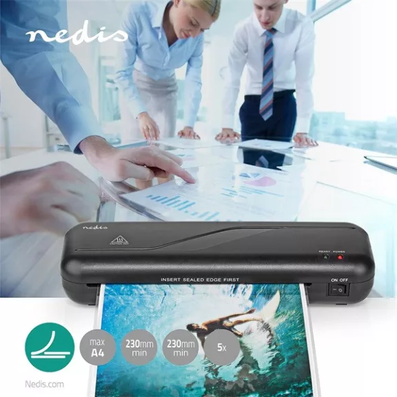 Nedis LAMI112BK4 laminálógép, A4 formárum, otthoni, irodai használat, laminálási sebesség: 23 cm / perc Nedis LAMI112BK4 laminálógép, A4 formárum, otthoni, irodai használat, laminálási sebesség: 23 cm / perc