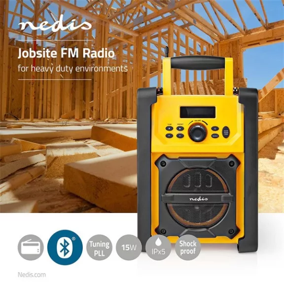 Nedis RDFM3100YW munka rádió, FM, bluetooth, rezgéscsillapítás, 15W, 20 FM állomás, 3,5 mm audióbemenet