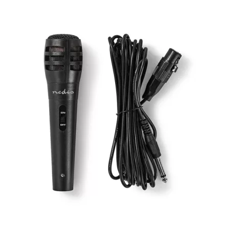 Nedis MPWD15BK dinamikus mikrofon, 5m levehető kábel, 80Hz-12kHz,  600 Omh, 75dB, utazó tok, integrált kapcsoló
