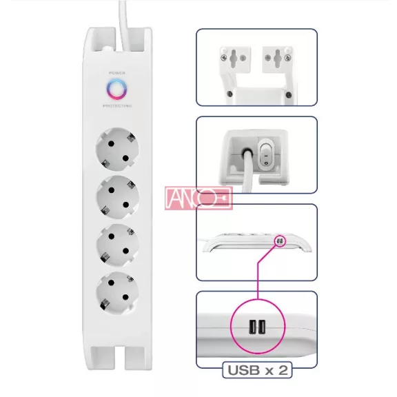 Asztali elosztó 4-es+2xUSB-A, túlfesz. Asztali elosztó 4-es+2xUSB-A, túlfesz.