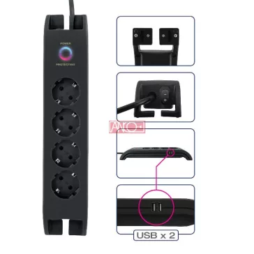 Asztali elosztó 4-es+2xUSB-A, túlfesz.