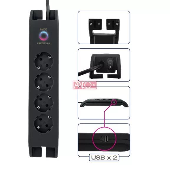 Asztali elosztó 4-es+2xUSB-A, túlfesz.