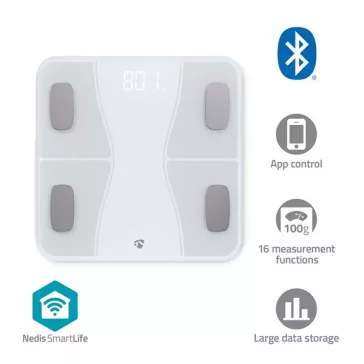   Nedis BTHPS11WT Bluetooth® okos személy mérleg, max. terhelés 180kg, Android™ / IOS