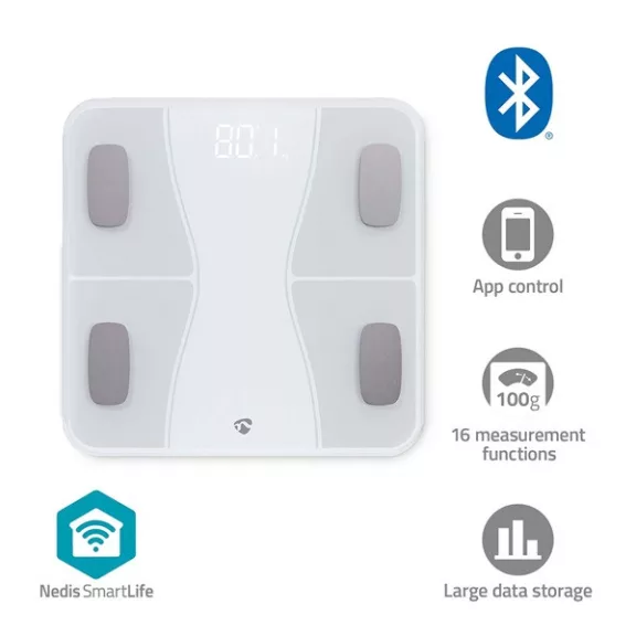 Nedis BTHPS11WT Bluetooth® okos személy mérleg, max. terhelés 180kg, Android™ / IOS Nedis BTHPS11WT Bluetooth® okos személy mérleg, max. terhelés 180kg, Android™ / IOS
