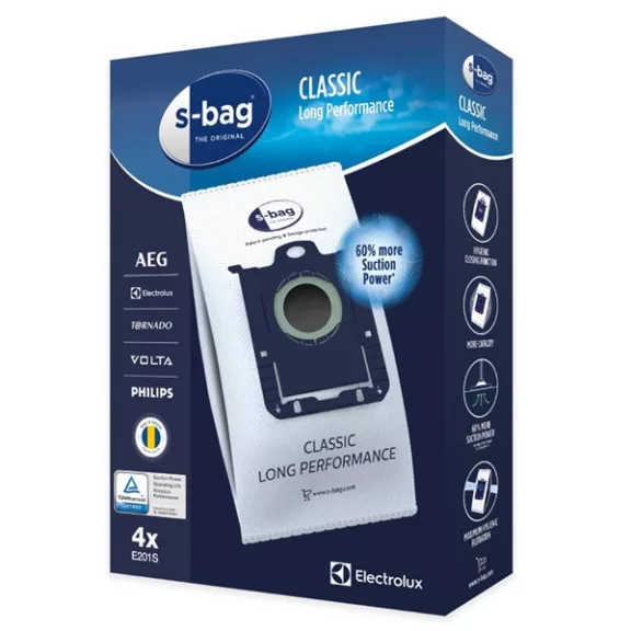 Electrolux gyári porzsák, E201S, 4 db, 50% - al hosszabb élettartam, S-bag Electrolux gyári porzsák, E201S, 4 db, 50% - al hosszabb élettartam, S-bag