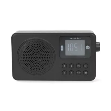   Nedis RDFM2225BK hordozható FM rádió, digitális hangolás, Bluetooth, Fejhallgató kimenet, Ébresztőóra, akkumulátor