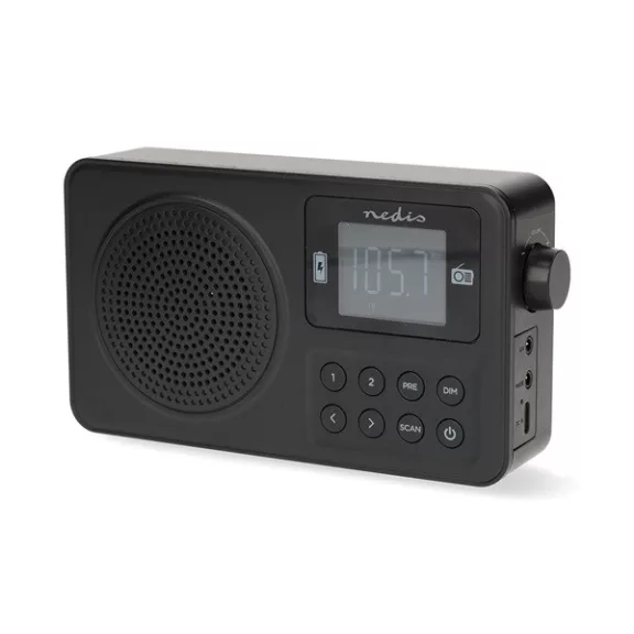 Nedis RDFM2225BK hordozható FM rádió, digitális hangolás, Bluetooth, Fejhallgató kimenet, Ébresztőóra, akkumulátor