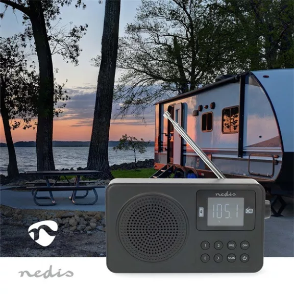 Nedis RDFM2225BK hordozható FM rádió, digitális hangolás, Bluetooth, Fejhallgató kimenet, Ébresztőóra, akkumulátor