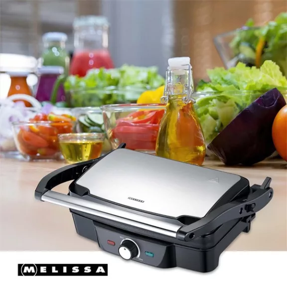 MELISSA Panini / Asztali grillsütő / kontakt grill 1600 W fekete / rozsdamentes acél burkolat, hőfokszabályzó MELISSA Panini / Asztali grillsütő / kontakt grill 1600 W fekete / rozsdamentes acél burkolat, hőfokszabályzó