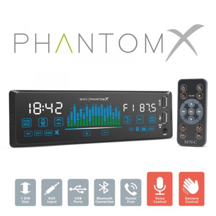 Autórádió, fejegység "PhantomX" - 1 DIN - 4 x 50 W - gesztusverzélés - BT - MP3 - AUX - USB