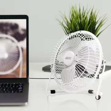   USB Mini Ventilátor, fém lapát biztonsági fém ketrecben, fehér
