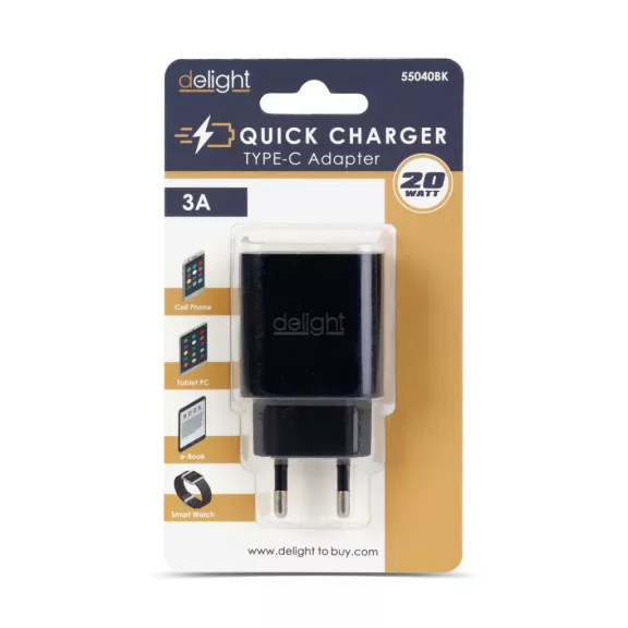 Adapter - Type-C - gyorstöltő, PD20W - fekete Adapter - Type-C - gyorstöltő, PD20W - fekete