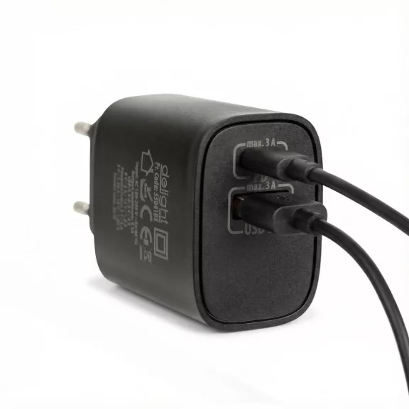 Hálózati Adapter USB + Type-C PD20W gyorstöltéssel - fekete
