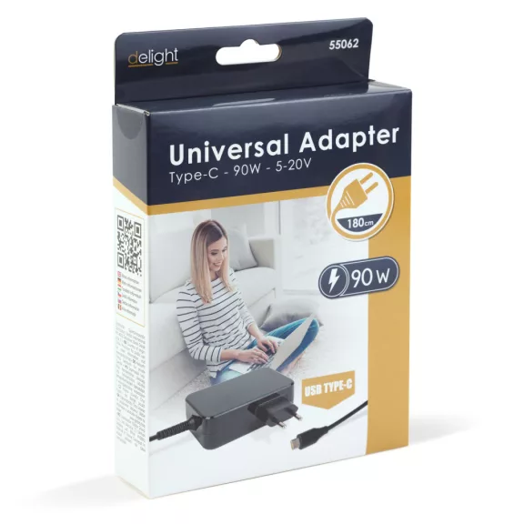 Adapter - Type-C - 90W - 5-20V - 1,8 m - fekete Adapter - Type-C - 90W - 5-20V - 1,8 m - fekete