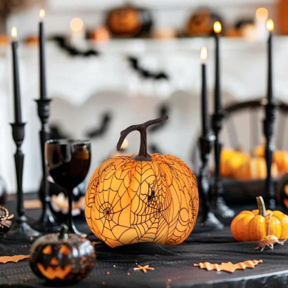 Halloween-i tök dekoráció - 16,5 cm - narancs, pókhálós - habszivacs Halloween-i tök dekoráció - 16,5 cm - narancs, pókhálós - habszivacs