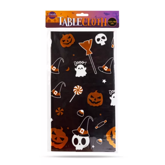 Halloween-i asztalterítő - alumínium hatású - 137 x 183 cm - apró motívumos Halloween-i asztalterítő - alumínium hatású - 137 x 183 cm - apró motívumos