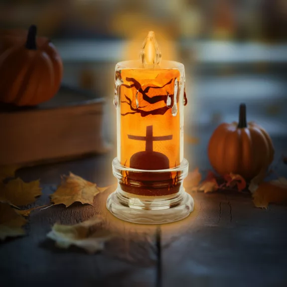 Halloween-i LED gyertya dekoráció - sírkő - narancs LED - 3 x LR1130 - 5 x 5 x 10 cm Halloween-i LED gyertya dekoráció - sírkő - narancs LED - 3 x LR1130 - 5 x 5 x 10 cm