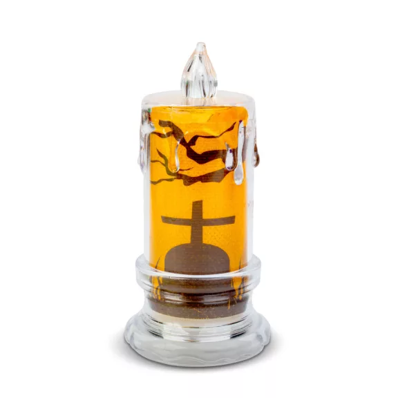 Halloween-i LED gyertya dekoráció - sírkő - narancs LED - 3 x LR1130 - 5 x 5 x 10 cm Halloween-i LED gyertya dekoráció - sírkő - narancs LED - 3 x LR1130 - 5 x 5 x 10 cm