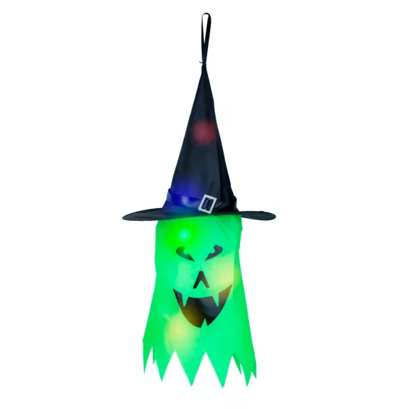 Halloween-i LED dekor - szellem - zöld - 10 színes LED - akasztható - 2 x 2032 - 75 x 35 cm