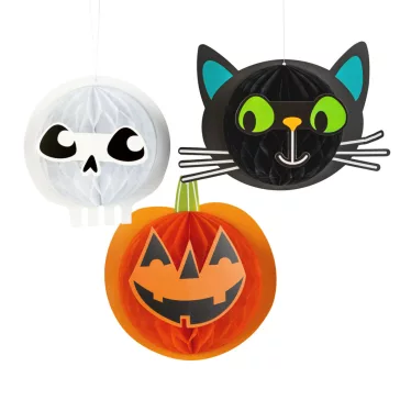   Halloween-i dekoráció - lampion szett - tök, macska, koponya - papír - 20 cm - 3 db / csomag