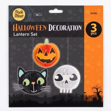   Halloween-i dekoráció - lampion szett - tök, macska, koponya - papír - 20 cm - 3 db / csomag