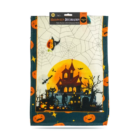 Halloween-i dekoráció - asztalterítő futó - halloween-i motívumokkal - 184 x 33 cm Halloween-i dekoráció - asztalterítő futó - halloween-i motívumokkal - 184 x 33 cm