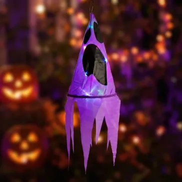   Halloween-i világító dekoráció - szellem - lila - 10 színes LED - akasztható - 2 x 2032 - 75x20 cm