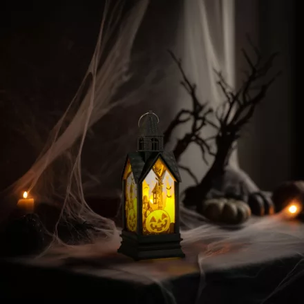 Halloween-i világító dekoráció - tök - sárga LED - 17,5 x 6,3 x 6,3 cm - 3 x LR44