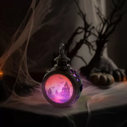 Halloween-i világító dekoráció - kastély - felakasztható - LED - 8,5 x 13,5 cm