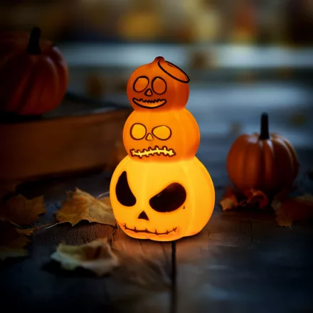 Halloween-i világító dekoráció - tök - melegfehér LED - 12 x 7,5 cm - 3 x LR1130