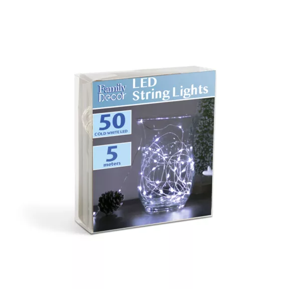 LED fényfüzér - 5 m - 50 LED - hidegfehér - 3 x AA LED fényfüzér - 5 m - 50 LED - hidegfehér - 3 x AA