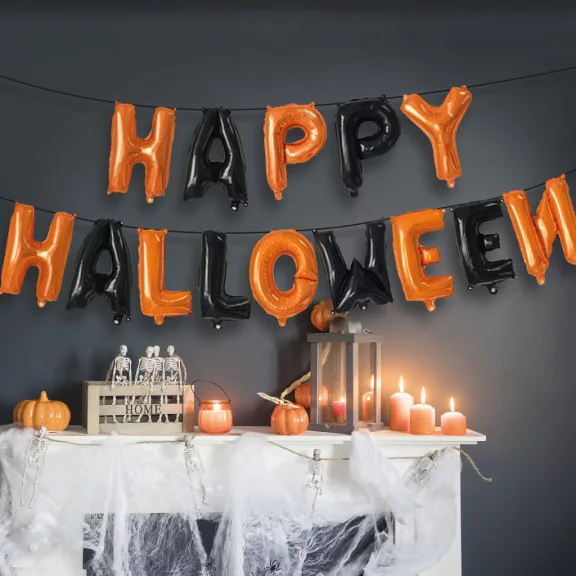 Halloween-i lufi szett - "Happy Halloween" felirat - rögzítő szalaggal Halloween-i lufi szett - "Happy Halloween" felirat - rögzítő szalaggal