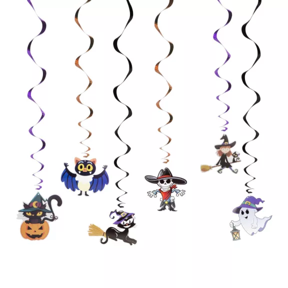 Halloween-i dekoráció szett - 6 féle motívum - csillogó spriál akasztóval Halloween-i dekoráció szett - 6 féle motívum - csillogó spriál akasztóval