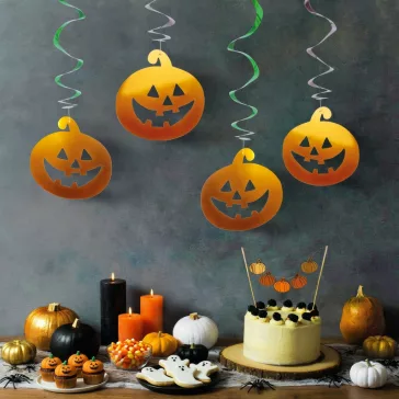   Halloween-i dekoráció szett - 12 db tök - csillogó spirál akasztó