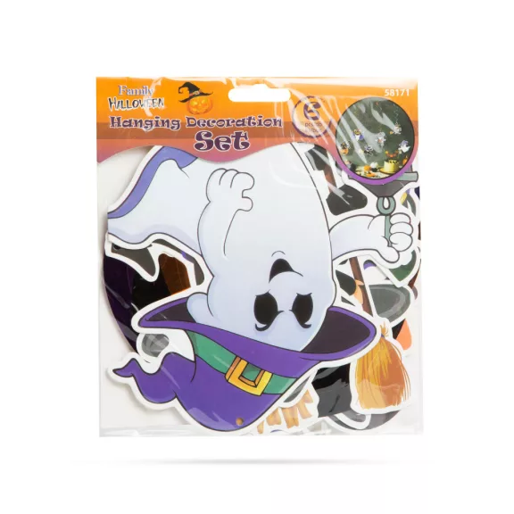 Halloween-i dekoráció szett - 6 féle motívum - csillogó spriál akasztóval Halloween-i dekoráció szett - 6 féle motívum - csillogó spriál akasztóval