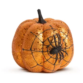   Halloween-i tök dekoráció - narancs glitteres - pókhálóval - 15 cm