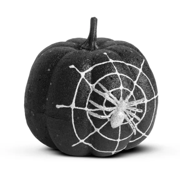 Halloween-i tök dekoráció - fekete glitteres - pókhálóval - 15 cm Halloween-i tök dekoráció - fekete glitteres - pókhálóval - 15 cm