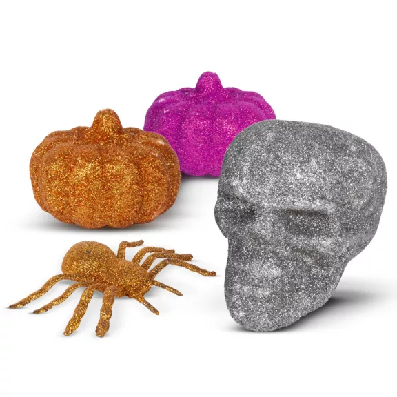 Halloween-i dekoráció szett - pók, koponya, 2 db tök - glitteres Halloween-i dekoráció szett - pók, koponya, 2 db tök - glitteres
