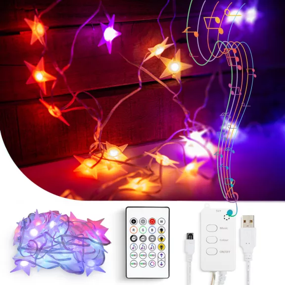 Smart fényfüzér - csillag - zene mód - USB - 25 RGB LED - 5 m - Bluetooth Smart fényfüzér - csillag - zene mód - USB - 25 RGB LED - 5 m - Bluetooth