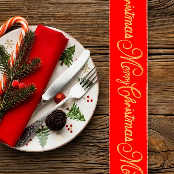Karácsonyi szalag - piros - "Merry Christmas" - 60 x 8 cm